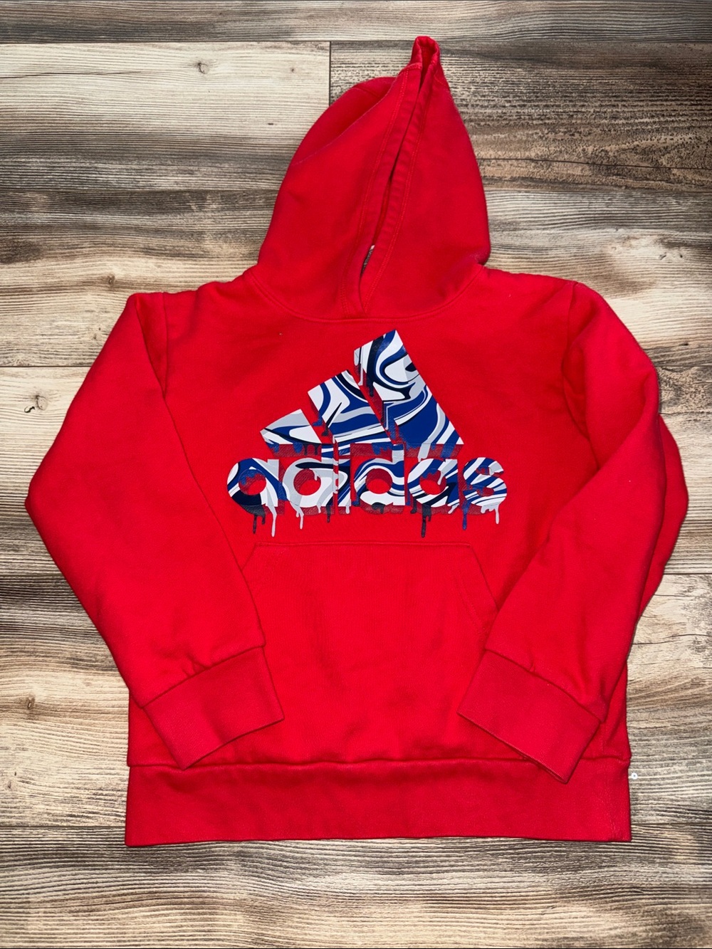 Boys size 8Adidas Red Hoodie with Blue & White Swirl Logo